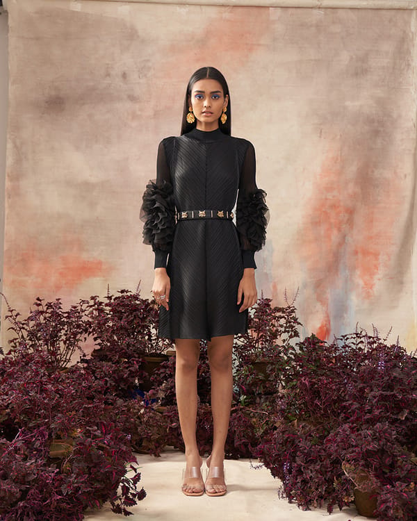 Black High Neck Pleated Mini Dress with Sheer Ruffle Sleeves — Pleats by Aruni