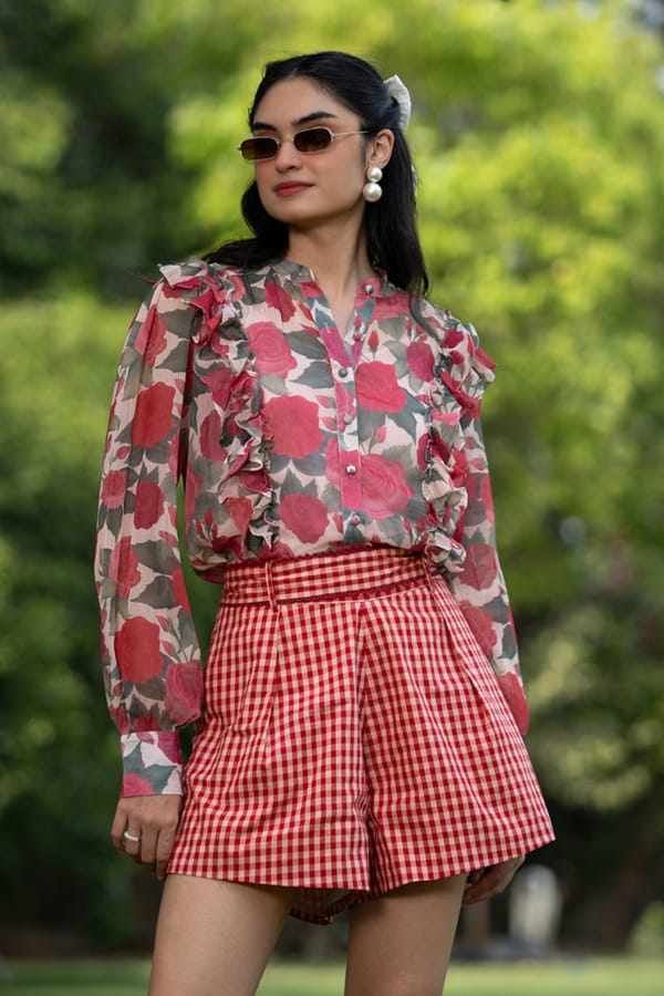 Multicolor Rose Print Chiffon Ruffle Trim Shirt — AVERIE