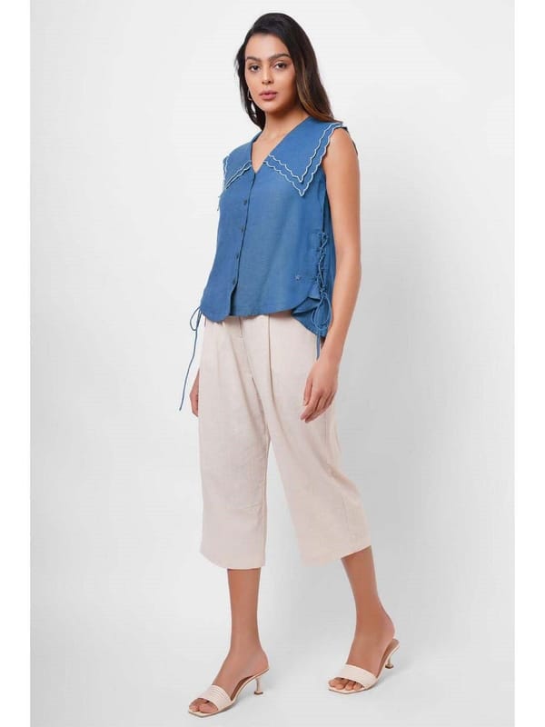 Scalloped Edge Collars Blue Linen Top — Western Era