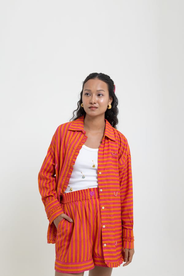 Orange and Pink Striped Button-Up Shirt with Ruffle Trim — Label Sugar