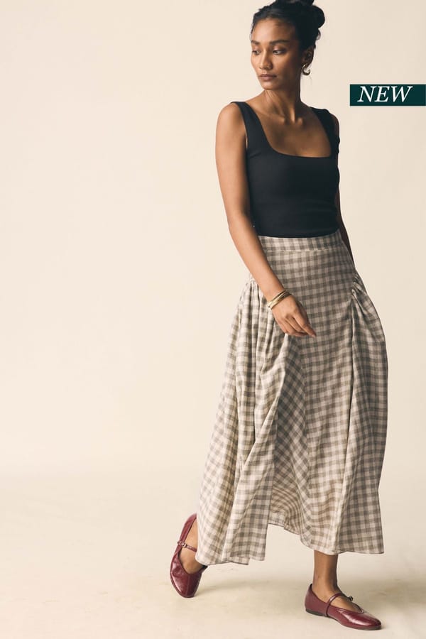 Green Check Panelled High-Waist Midi Skirt — Unrush