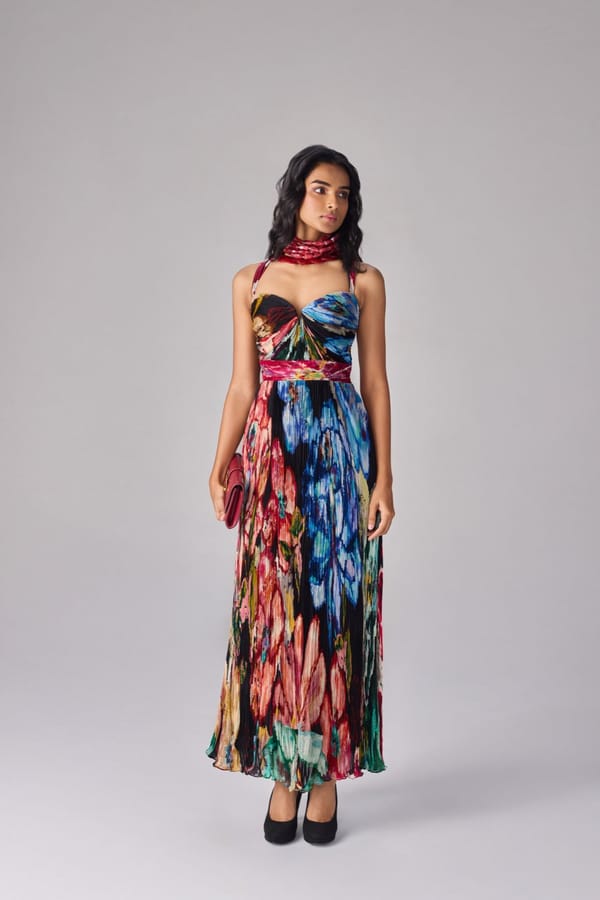 Multicolour Floral Micro-Pleated Chiffon Maxi Dress — Saaksha and Kinni