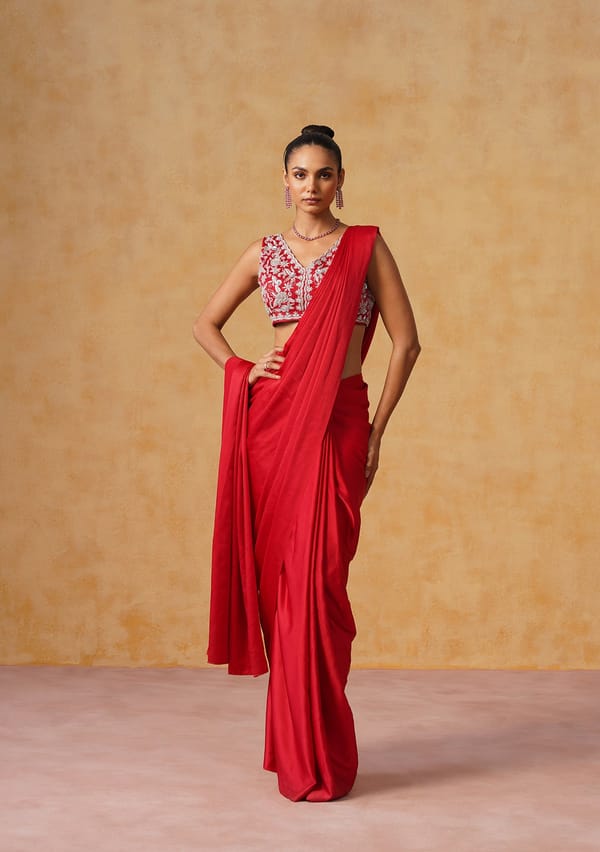 Red Pre-Draped Georgette Saree Set with Embroidered Blouse — AMOSHI