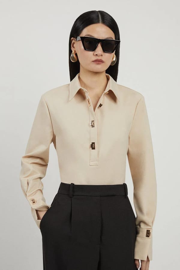 Sand Regular-Fit Collared Shirt with Statement Buttons — KAREN MILLEN