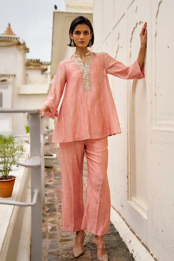 Pink Mirror-Work Tissue Co-ord Set with Straight Pants — Dash and Dot