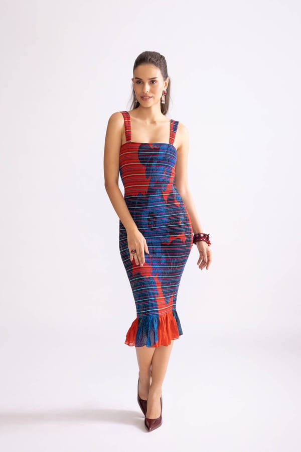 Red and Blue Daisy Print Bodycon Midi Dress — Saaksha and Kinni
