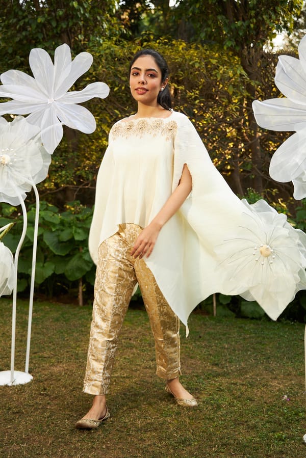 White Pleated Cape and Gold Brocade Pants Co-ord Set — TASUVURE