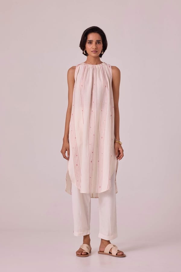 White/Red Striped Handwoven Jamdani Sleeveless Tunic Kurta — The Summer House