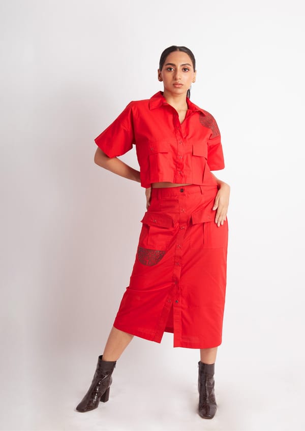 Red Cotton Co-ord Set with Applique — Richa Goenka
