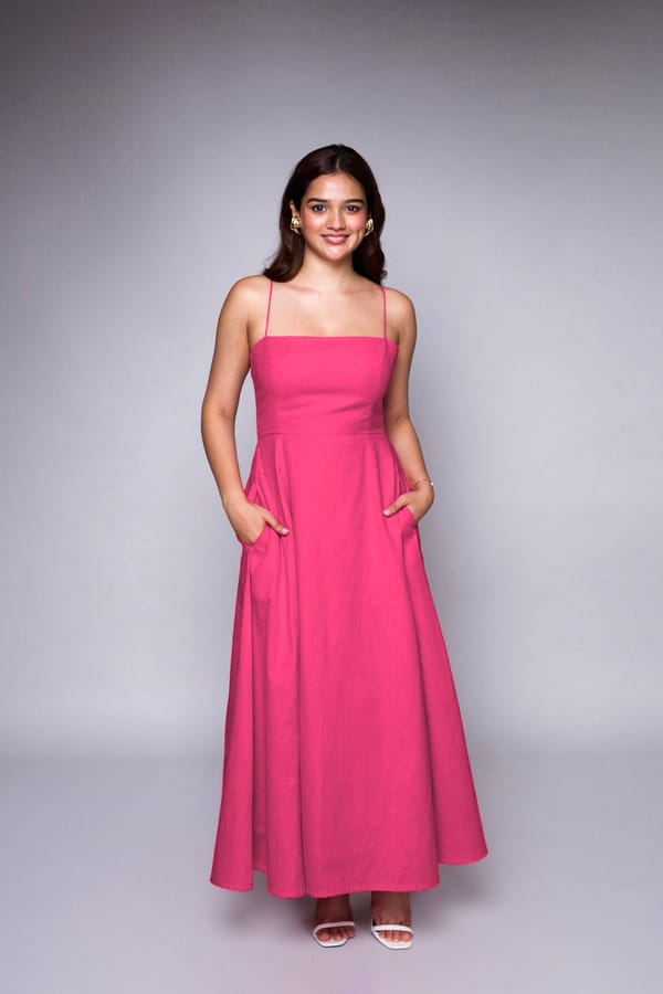 Pink Square Neck Fit and Flare Midi Dress — Mazikien