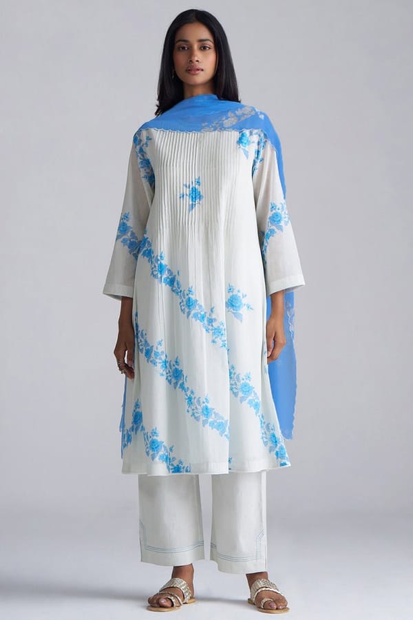 Azure Blue and Dull White Floral Printed Mul-Mul Kurta Set — Ganga Fashions Pvt Ltd