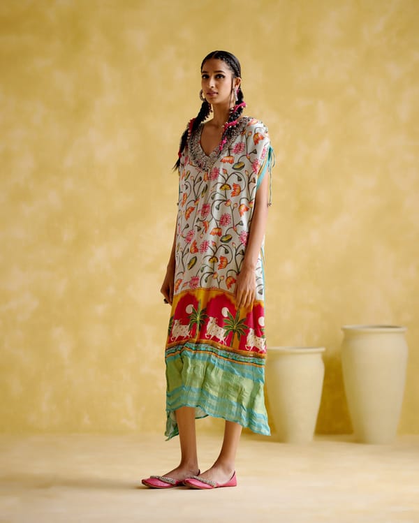 Turquoise Printed Modal Satin Kaftan with Embellished V-Neck — 5 Elements
