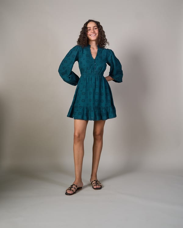 Green Cotton Schiffli Cutwork Tiered Mini Dress — Style Island