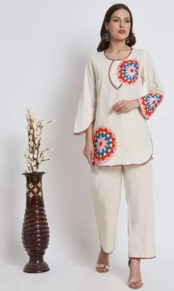 Ivory Organic Cotton Kurta Set with Circular Applique — Gotta Kinari