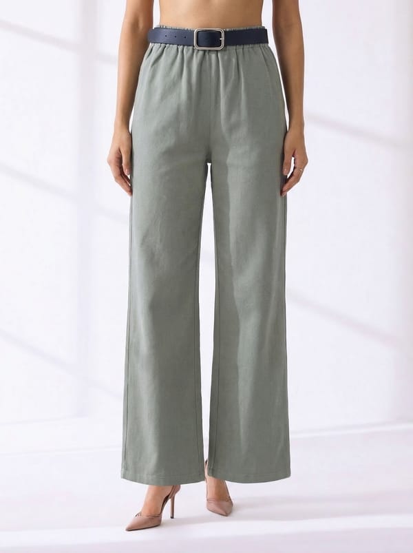 Green High-Rise Wide-Leg Trousers with Belt — ASPRIN FASHION