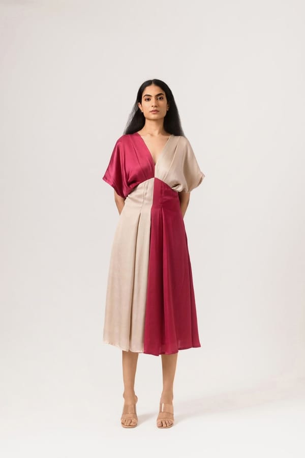 Wine-Ecru Colorblocked Fit and Flare Midi Dress — Neora