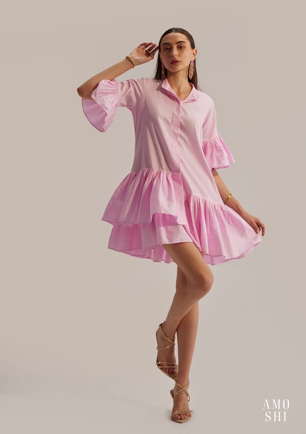 Pink Button-Down Tiered Mini Shirt Dress — AMOSHI