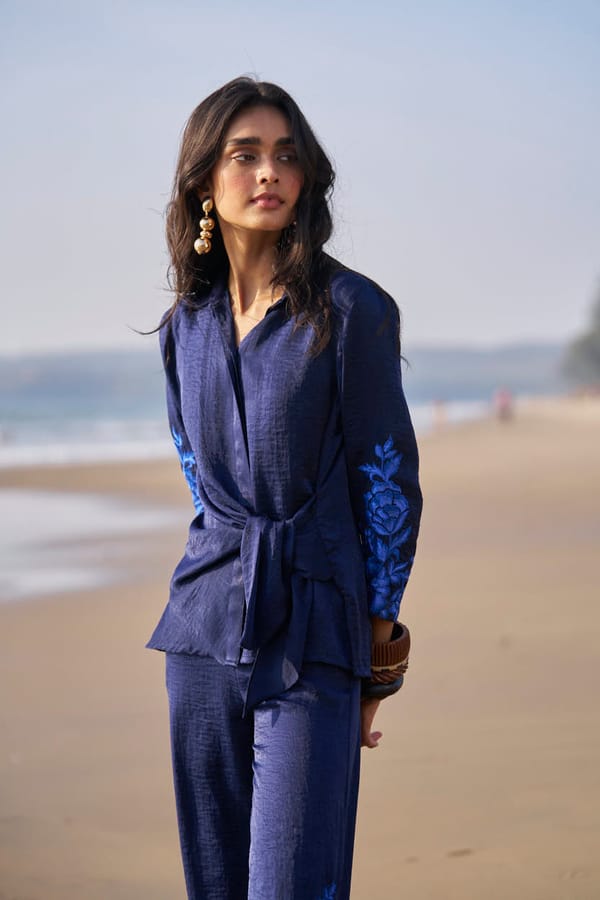Blue Hammered Satin Shirt with Side Tie and Embroidered Cuffs — Dash and Dot