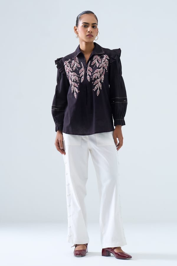 Black Embroidered Ruffle-Shoulder Cotton Flex Shirt — STITCH STORIES