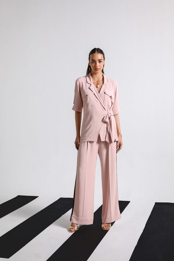 Nude Pink Wrap Top and Wide-Leg Pants Co-ord Set — Shivya K