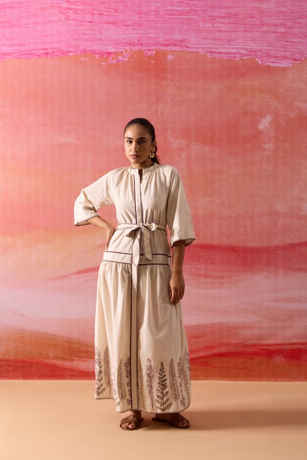 Off White Belted Midi Dress with Hem Embroidery — Label Ruiaan