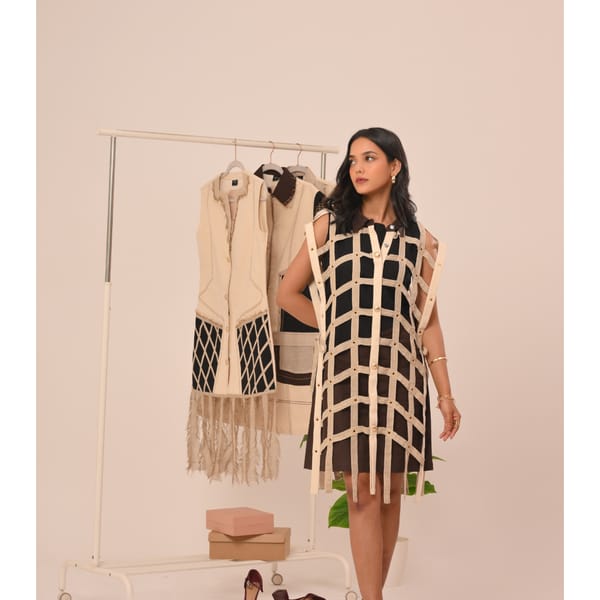 Black Grid Cape Mini Dress — Veera Wear