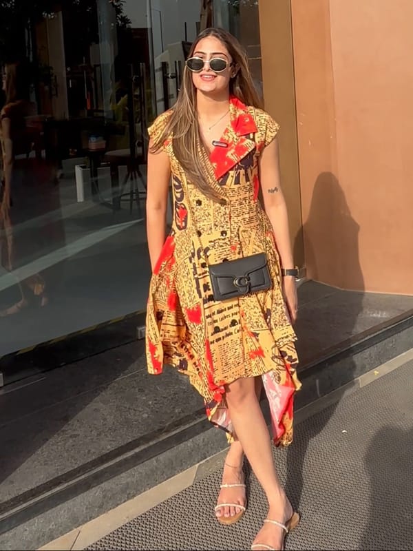 Beige Newspaper Print Asymmetrical Midi Shirt Dress — HOUSE OF FETT