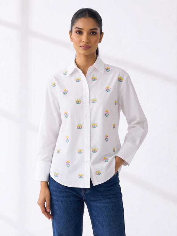 White Cotton Evil Eye Embroidered Comfort-Fit Shirt — Brand New Brand