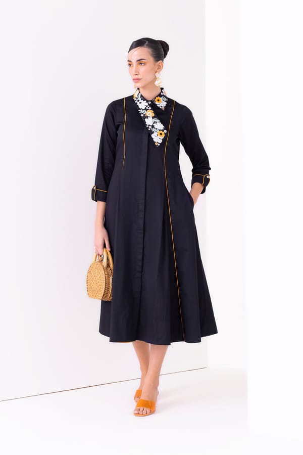 Black Cotton Satin Fit and Flare Midi Shirt Dress — Our Love