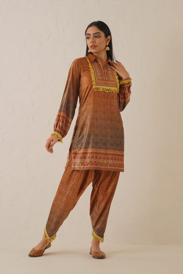 Mustard Ombre Printed Velvet Co-ord Set with Tassel Trim — NEETIKA CHOPRA