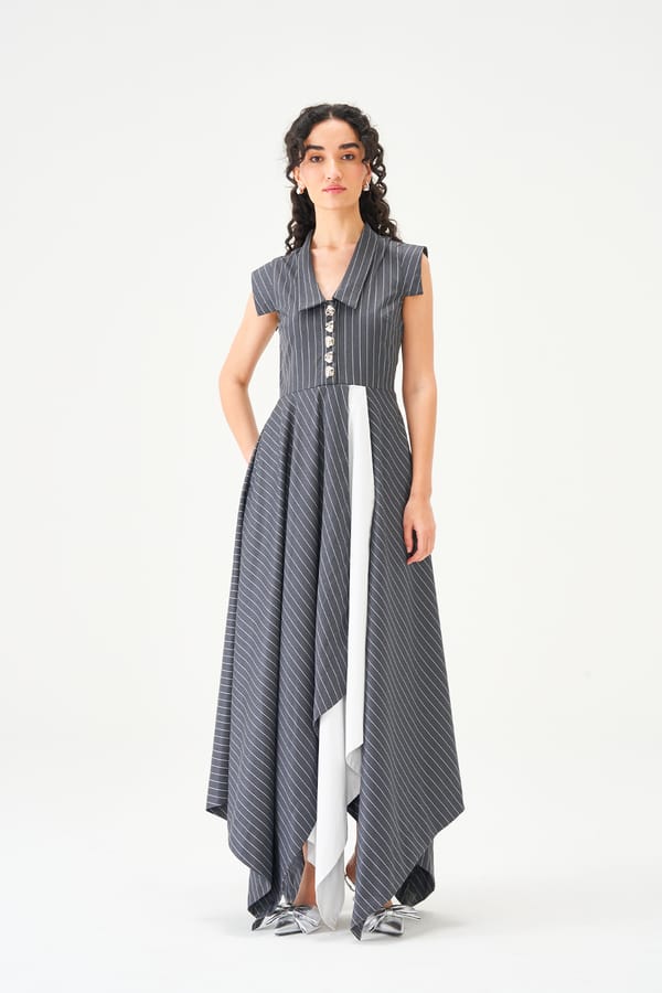 Grey Pinstripe Asymmetrical Maxi Dress with White Insert — NOTEBOOK