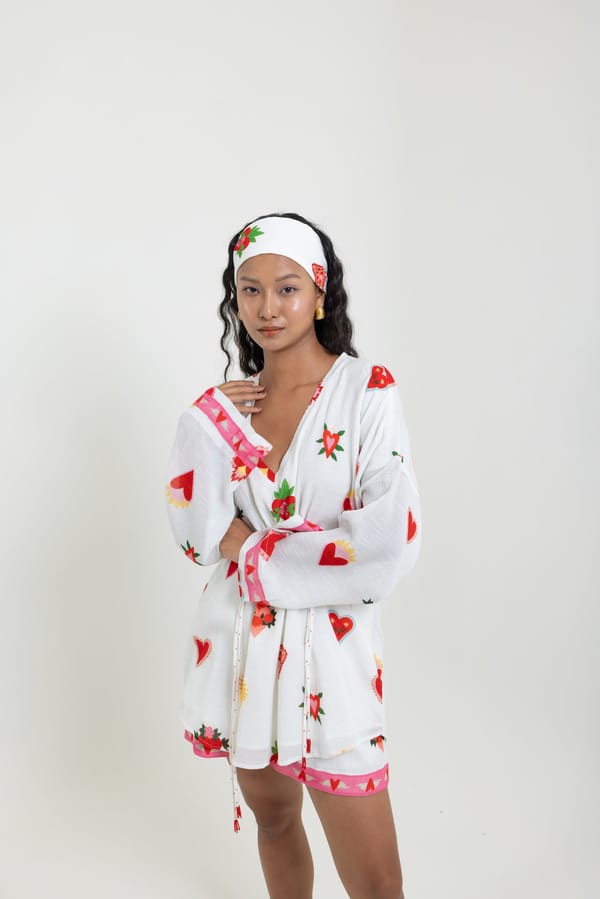 White Heart Print V-Neck Drawstring Waist Top — Label Sugar
