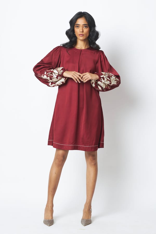 Burgundy Satin Shift Mini Dress with Embroidered Cuffs — Madder Much