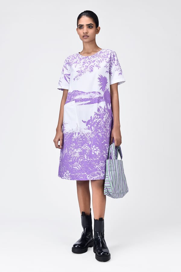 Amethyst Landscape Print A-Line Knee-Length Cotton Dress — Genes Lecoanet Hemant