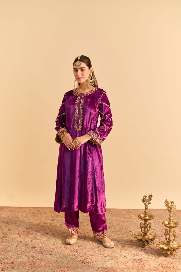 Deep Purple Silk Velvet Embroidered Kurta Set with Salwar — Sheetal Batra