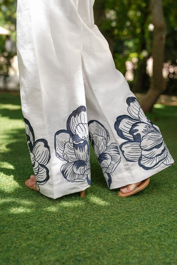 Ivory High-Rise Straight-Leg Trousers with Hem Embroidery — Akirah