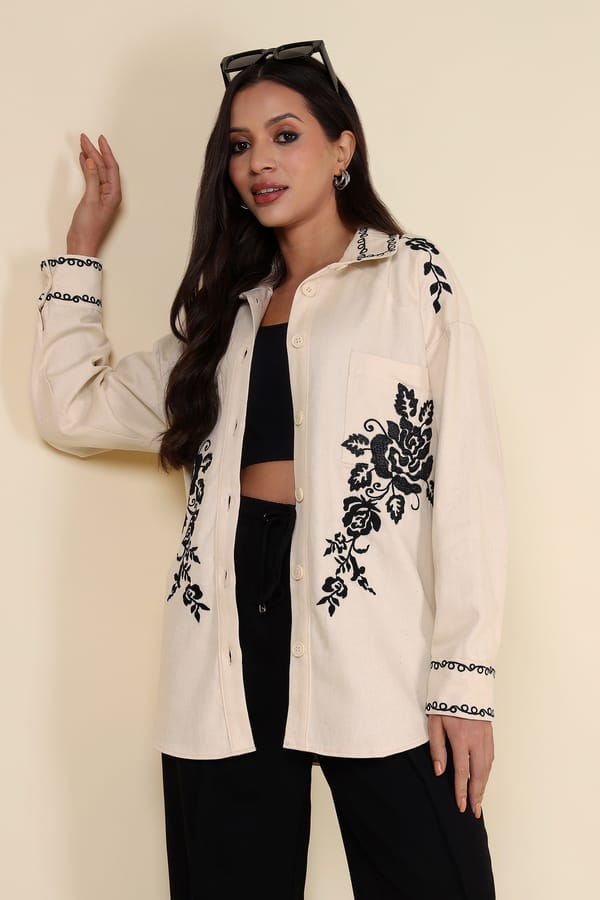 Natural Ivory Button-Down Shirt with Black Floral Motifs — AYRISS