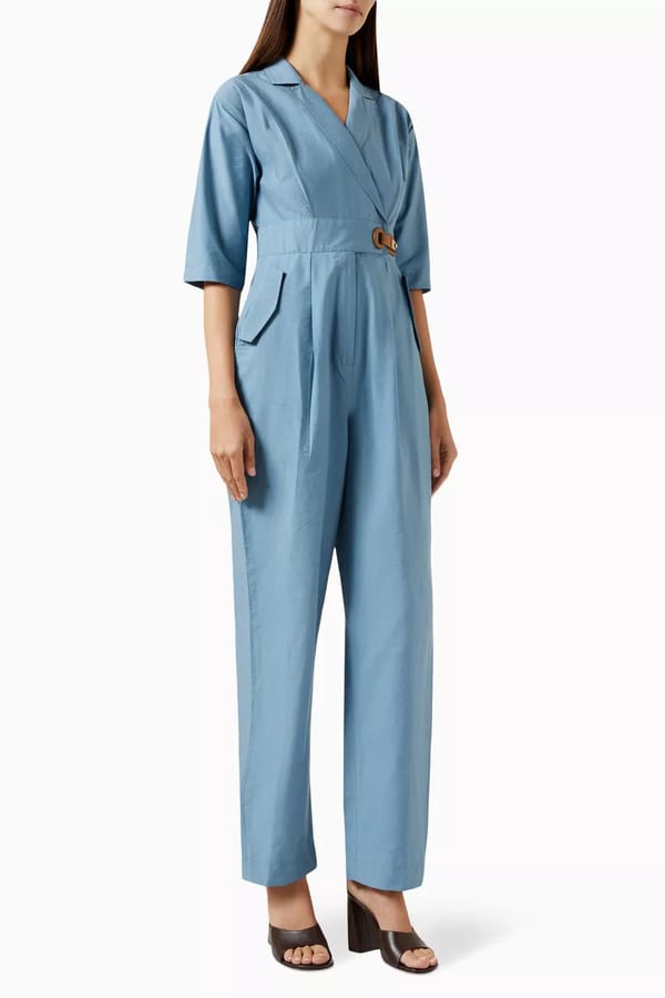 Blue Cotton Poplin Belted Wrap-Front Jumpsuit — NOTEBOOK