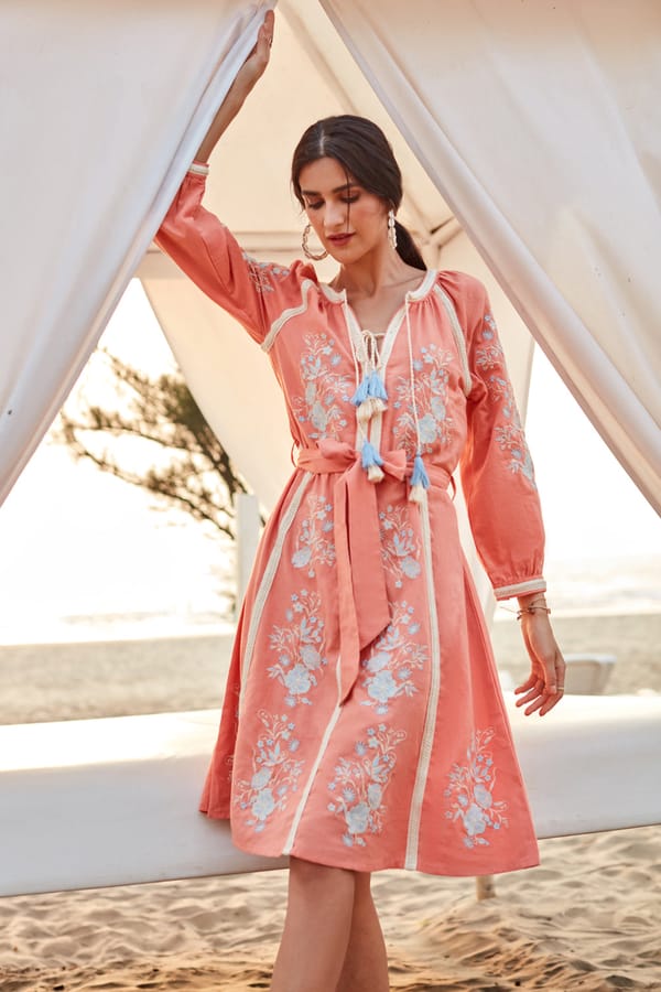 Coral Linen Embroidered A-Line Midi Dress with Tie-Up Neck — BOHO-CHIC