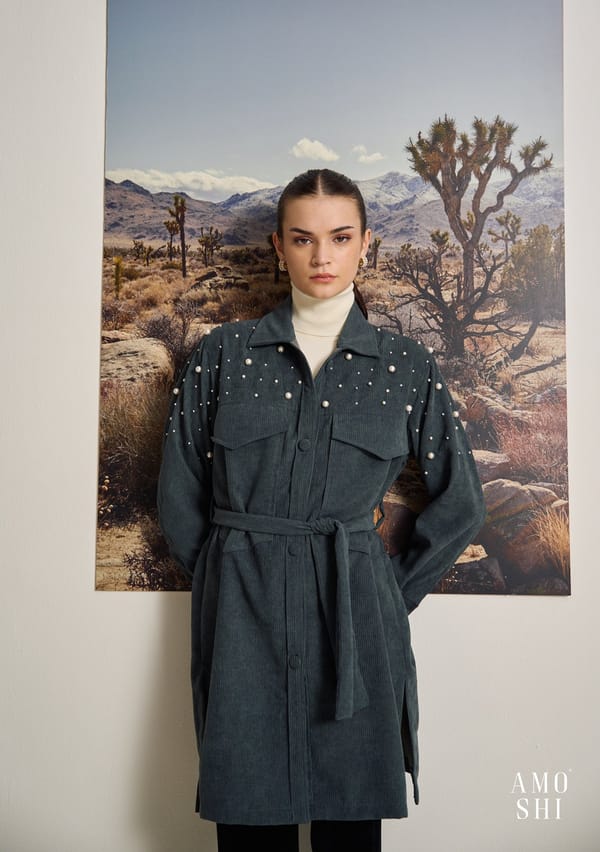 Grey Corduroy Pearl-Embellished Trench Coat with Belt — AMOSHI