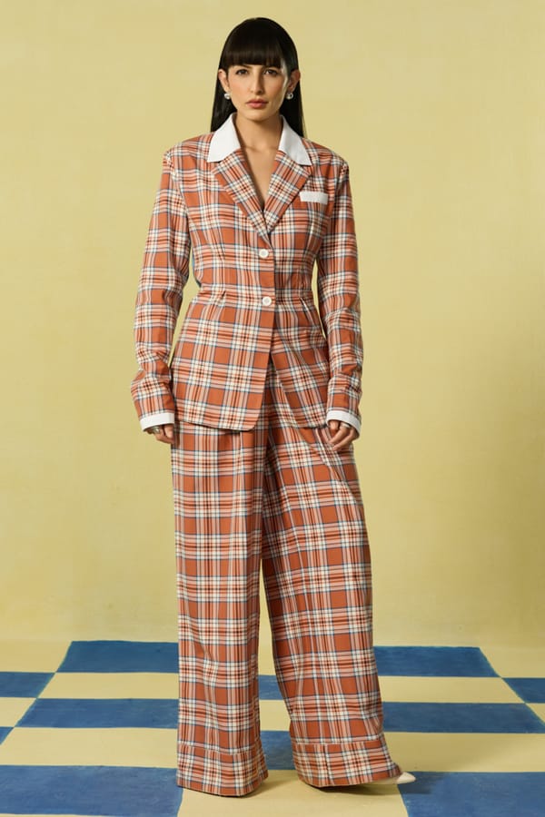 Orange Plaid Blazer and Wide-Leg Trousers Co-ord Set — BELONG