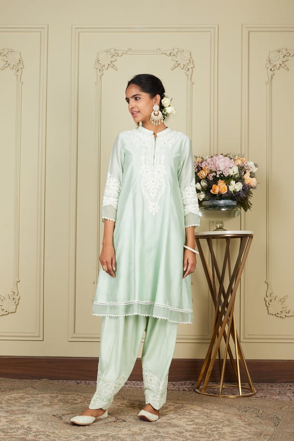Frosty Green A-Line Embroidered Kurta Set with Dupatta — Sheetal Batra