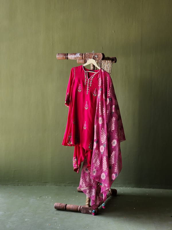 Magenta Embroidered Short Anarkali Suit Set with Dupatta — Pooja Singhal
