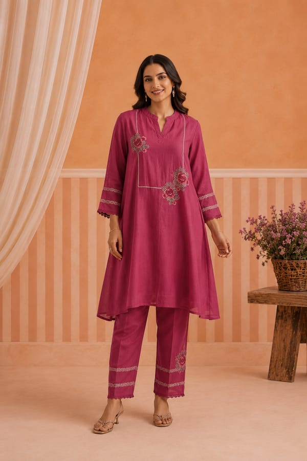 Short kurta set with square yoke and cross-stitch motifs — Omi Clothing