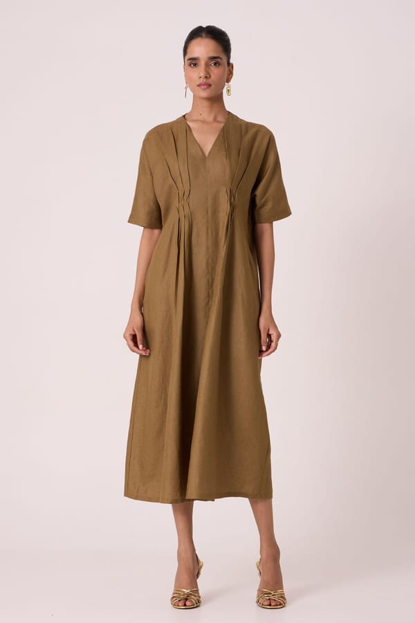 Uguisu Olive Linen Dress — The Summer House