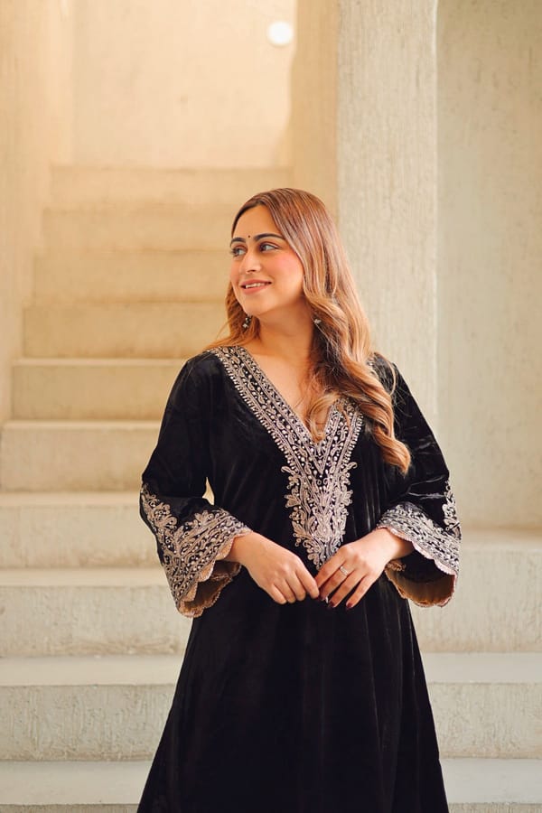 Black Silk Velvet A-Line Chauga Kurta Set with Salwar — Sheetal Batra