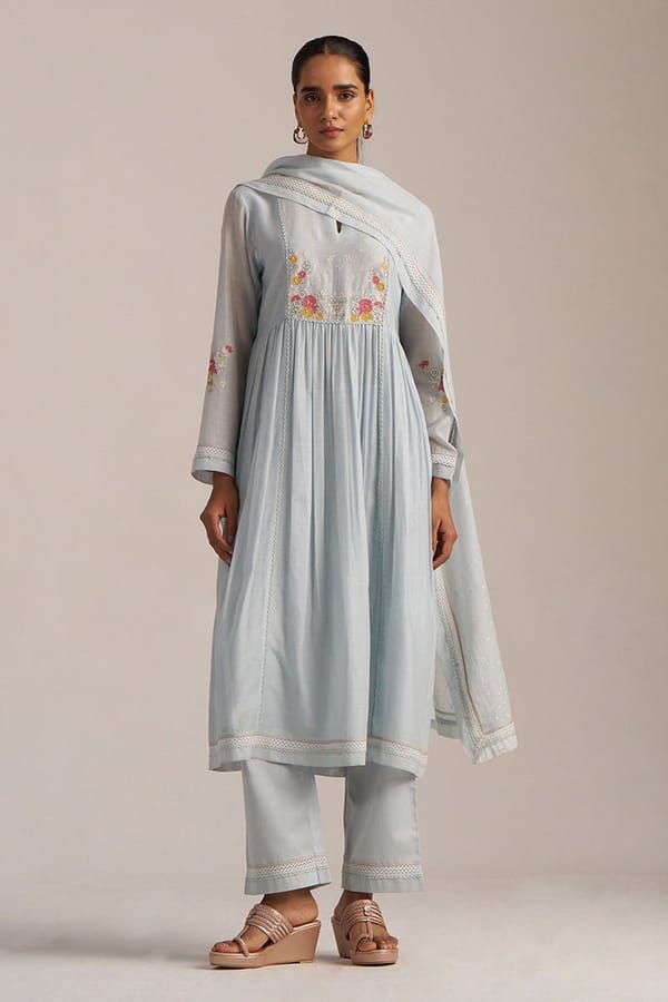 Chalk Blue Mul Chanderi Embroidered Kurta Set — Ganga Fashions Pvt Ltd
