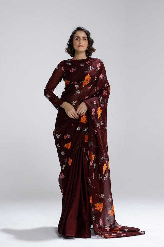 Maroon Floral Printed Organza Saree Set — STUDIO SURBHI