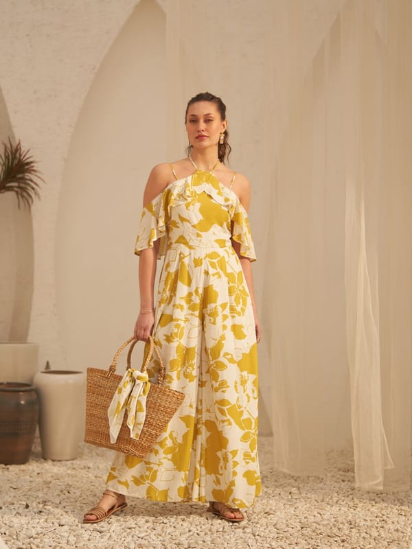 Yellow Floral Halter Neck Cold-Shoulder Wide-Leg Jumpsuit — Style Island