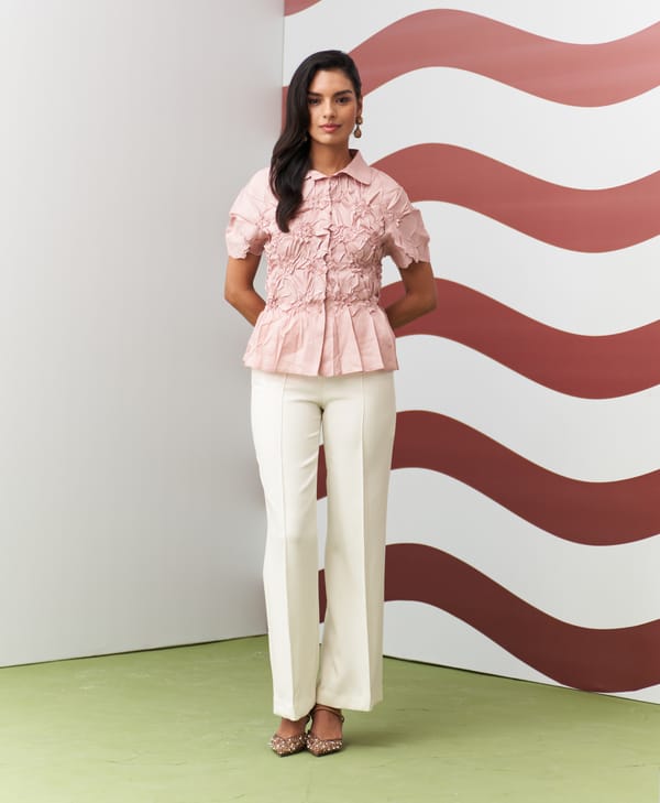 Nude Crinkle Texture Peplum Button-Front Top — Pleats by Aruni